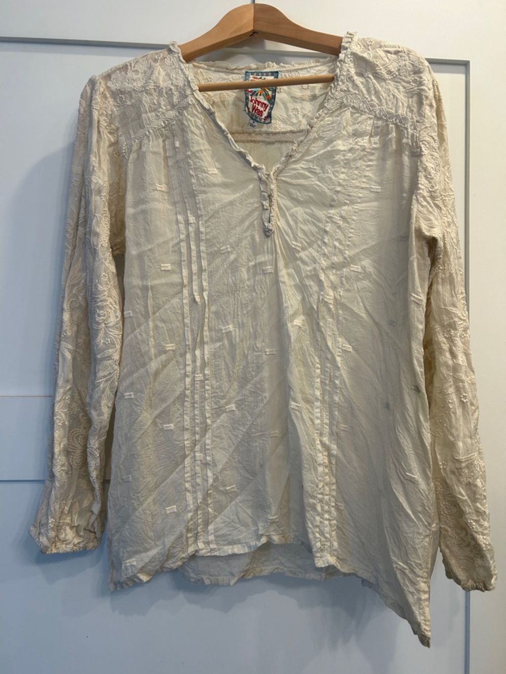 Johnny Was Cream Embroidered Boho Blouse